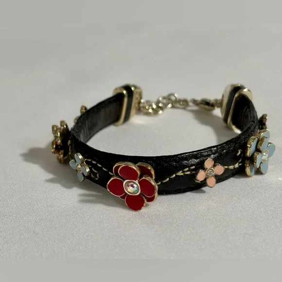 Vintage Brighton black leather and enamel flowers bracelet- lovely - Picture 3 of 7